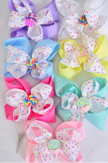 Hair Bow Jumbo Double Layered Sprinkles Lollipop Charm Grosgrain Bow-tie / 12 pcs Bow = Dozen Alligator Clip , Size - 6" x 5", 2 White , 2 Baby Pink , 2 Lavender, 2 Hot Pink , 2 Mint Green , 1 Blue , 1 Yellow Color Asst , Clip Strip & UPC Code