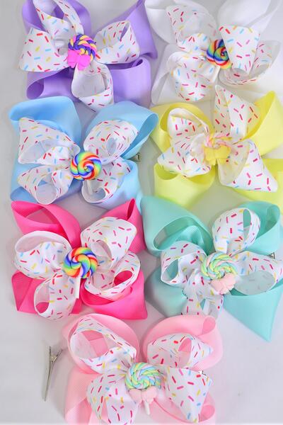 Hair Bow Jumbo Double Layered Sprinkles Lollipop Charm Grosgrain Bow-tie / 12 pcs Bow = Dozen Alligator Clip , Size - 6" x 5", 2 White , 2 Baby Pink , 2 Lavender, 2 Hot Pink , 2 Mint Green , 1 Blue , 1 Yellow Color Asst , Clip Strip & UPC Code