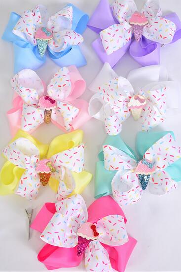 Hair Bow Jumbo Double Layered Sprinkles w Ice Cream Charm Grosgrain Bow-tie / 12 pcs Bow = Dozen  Alligator Clip , Size - 6" x 5", 2 White , 2 Baby Pink , 2 Lavender , 2 Hot Pink , 2 Mint Green , 1 Blue , 1 Yellow Color Asst , Clip Strip & UPC Code