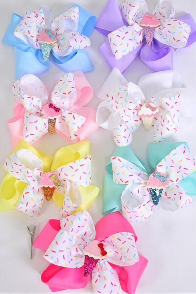 Hair Bow Jumbo Double Layered Sprinkles w Ice Cream Charm Grosgrain Bow-tie / 12 pcs Bow = Dozen  Alligator Clip , Size - 6" x 5", 2 White , 2 Baby Pink , 2 Lavender , 2 Hot Pink , 2 Mint Green , 1 Blue , 1 Yellow Color Asst , Clip Strip & UPC Code