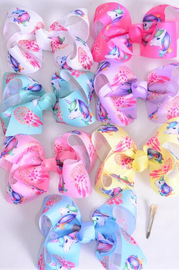 Hair Bow Jumbo Unicorn Dream Catcher Grosgrain Bow-tie / 12 pcs Bow = Dozen Alligator Clip , Size - 6" x 5" , 2 White  ,2 Baby Pink , 2 Lavender , 2 Blue , 2 Yellow , 1 Peach , 1 Mint Green Color Asst , Clip Strip & UPC Code
