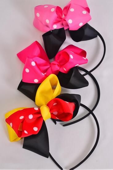 Headband Horseshoe Jumbo Double Layered Polka dot Grosgrain Bow-tie / 12 pcs = Dozen Bow Size - 6" x 5" Wide , 4 of each Color Asst , Hang Tag & OPP Bag & UPC Code , W Clear Box
