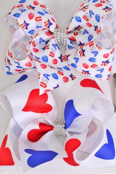 Hair Bow Jumbo Patriotic USA Heart Pattern Mix Grosgrain Bow-tie / 12 pcs Bow = Dozen  Alligator Clip , Bow - 6" x 5" Wide , 6 of each Pattern Asst , Clip Strip and UPC Code