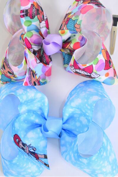 Hair Bow Jumbo LOL Doll Pattern Asst Grosgrain Bow-tie / 12 pcs Bow = Dozen Alligator Clip , Size - 6" x 5" Wide , 6 of each Pattern Asst , Clip Strip & UPC Code