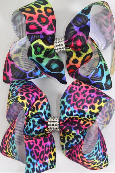 Hair Bow Jumbo Leopard Pattern Asst Grosgrain Bow-tie / 12 pcs Bow = Dozen Leopard , Alligator Clip , Size - 6" x 5" Wide , 6 Of Each Pattern Asst , Clip Strip & UPC Code