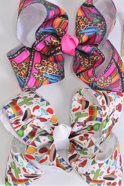 Hair Bow Jumbo Fiesta Leopard Cactus Serape Pattern Mix Grosgrain Bow-tie / 12 pcs Bow = Dozen Alligator Clip , Size - 6" x 5" Wide , 6 Of Each Pattern Asst , Clip Strip & UPC Code