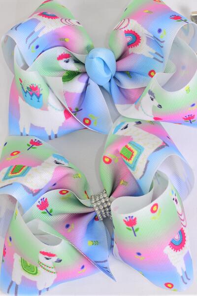 Hair Bow Extra Jumbo Cheer Type Bow Happy Llama Grosgrain Bow-tie / 12 pcs Bow = Dozen  Llama , Alligator Clip , Size - 8" x 7" Wide , Clip Strip & UPC Code