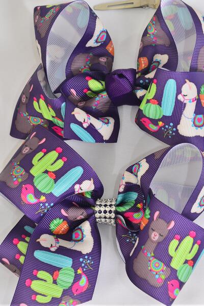 Hair Bow Jumbo Llama w Cactus Print Grosgrain Bow-tie / 12 pcs Bow = Dozen  Llama , Alligator Clip , Size - 6" x 5" Wide , Clip Strip & UPC Code