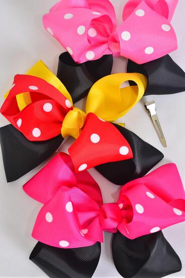 Hair Bow Jumbo Double Layered Polka Dot Grosgrain Bow-tie / 12 pcs Bow = Dozen  Alligator Clip , Size - 6" x 5" Wide , 2 Of each Pattern Asst , Clip Strip & UPC Code