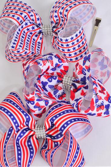 Hair Bow Jumbo Patriotic Flag Star Butterfly Mix Grosgrain Bow-tie / 12 pcs Bow = Dozen Alligator Clip , Bow - 6" x 5" Wide , 4 Of Each Pattern Asst , Clip Strip and UPC Code