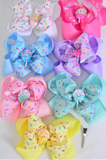 Hair Bow Jumbo Double Layered Sprinkles w Lollipop Charm Grosgrain Bow-tie Pastel / 12 pcs Bow = Dozen  Alligator Clip , Size - 6" x 5" , 2 White , 2 Baby Pink , 2 Lavender , 2 Hot Pink , 2 Mint Green , 1 Blue , 1 Yellow Color Mix , Clip Strip & UPC Code
