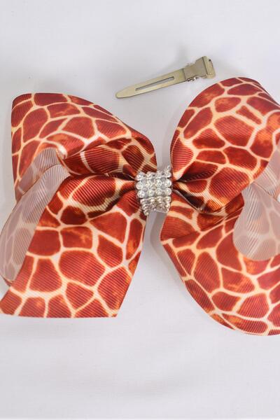 Hair Bow Jumbo Giraffe Grosgrain Bow-tie / 12 pcs Bow = Dozen Alligator Clip , Size - 6" x 5" Wide , Clip Strip & UPC Code