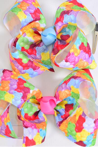 Hair Bow Jumbo Gummy Bear Grosgrain Bow-tie / 12 pcs Bow = Dozen Alligator Clip , Size - 6" x 5" Wide , Clip Strip & UPC Code