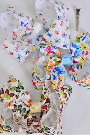 Hair Bow Jumbo Butterfly Grosgrain Bow-tie / 12 pcs Bow = Dozen Alligator Clip , Size - 6" x 5" Wide , 4 Of each Pattern Asst , Clip Strip and UPC Code