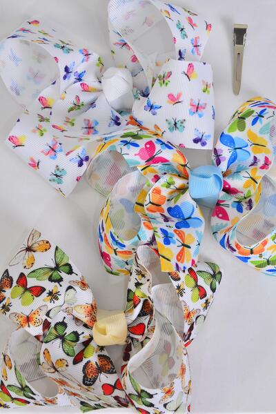 Hair Bow Jumbo Butterfly Grosgrain Bow-tie / 12 pcs Bow = Dozen Alligator Clip , Size - 6" x 5" Wide , 4 Of each Pattern Asst , Clip Strip and UPC Code