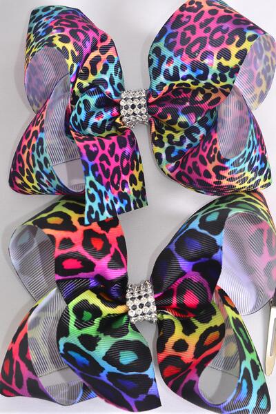 Hair Bow Jumbo Leopard Pattern Asst Grosgrain Bow-tie / 12 pcs Bow = Dozen Leopard , Alligator Clip , Size - 6" x 5" Wide , 6 Of Each Pattern Asst , Clip Strip & UPC Code