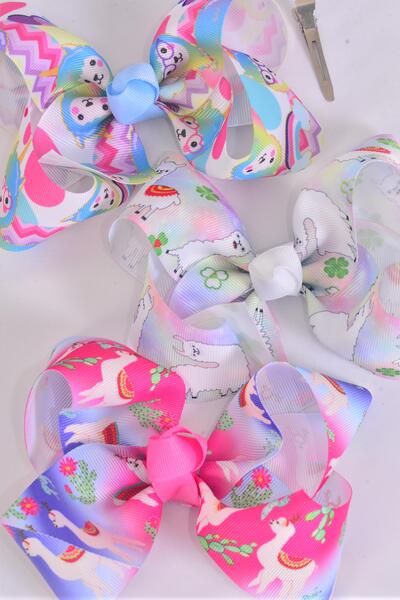 Hair Bow Jumbo Llama Grosgrain Bow-tie / 12 pcs Bow = Dozen Llama , Alligator Clip , Size - 6" x 5" Wide , 4 Of each Pattern Asst , Clip Strip & UPC Code