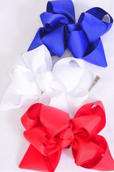 Hair Bow Jumbo Cheer Type Bow Red White Royal Blue Mix Grosgrain Bow-tie / 12 pcs Bow = Dozen  Alligator Clip , Bow - 6" x 6" Wide , 4 of each Pattern Asst , Clip Strip & UPC Code