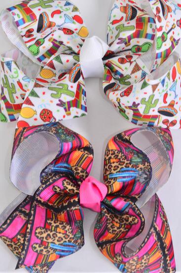 Hair Bow Jumbo Fiesta Leopard Cactus Serape Pattern Mix Grosgrain Bow-tie / 12 pcs Bow = Dozen Alligator Clip , Size - 6" x 5" Wide , 6 Of Each Pattern Asst , Clip Strip & UPC Code