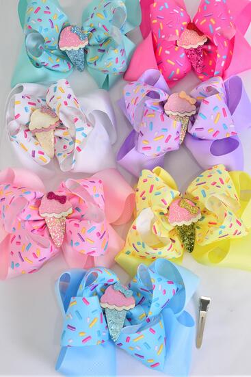 Hair Bow Jumbo Double Layered Sprinkles w Ice Cream Charm Grosgrain Bow-tie / 12 pcs Bow = Dozen  Alligator Clip , Size - 6" x 5", 2 White , 2 Baby Pink , 2 Lavender , 2 Hot Pink , 2 Mint Green , 1 Blue , 1 Yellow Color Asst , Clip Strip & UPC Code