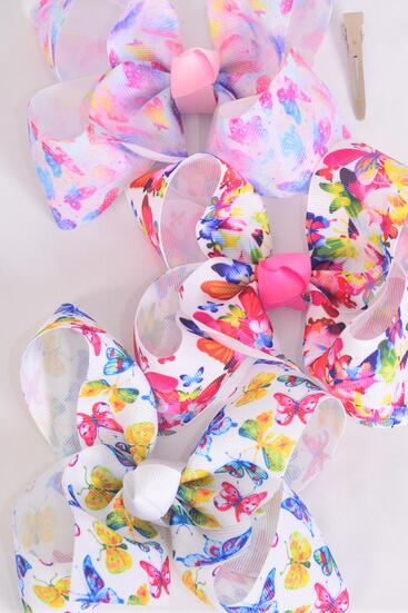 Hair Bow Jumbo Butterfly Grosgrain Bow-tie / 12 pcs Bow = Dozen Alligator Clip , Size - 6" x 5" Wide , 4 Of each Pattern Asst , Clip Strip & UPC Code