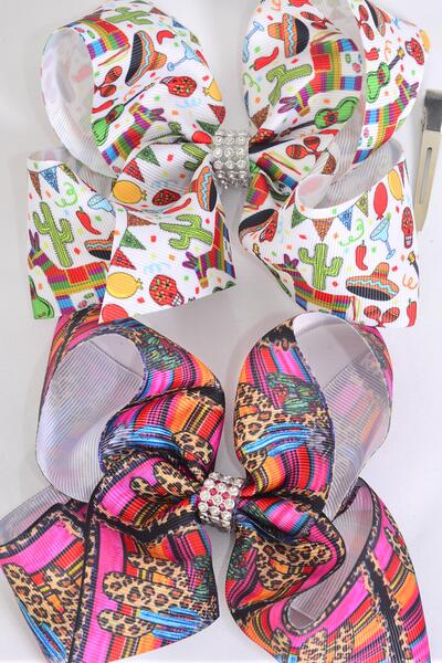 Hair Bow Jumbo Serape Fiesta Leopard Cactus Mix Grosgrain Bow-tie / 12 pcs Bow = Dozen Alligator Clip , Size - 6" x 5" Wide , 6 Of Each Pattern Asst , Clip Strip & UPC Code