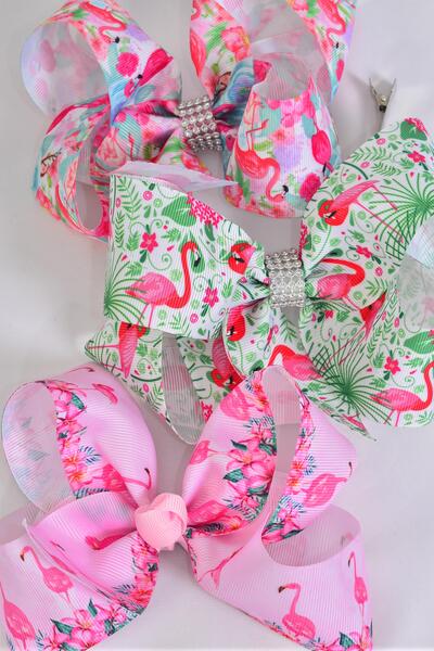 Hair Bow Jumbo Tropical Flamingo Grosgrain Bow-tie / 12 pcs Bow = Dozen Alligator Clip , Size - 6" x 5" Wide , 4 of each Pattern Asst , Clip Strip and UPC Code