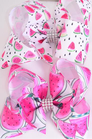 Hair Bow Jumbo Watermelon Grosgrain Bow-tie / 12 pcs Bow = Dozen Alligator Clip , Size - 6" x 5" Wide , 6 of each Pattern , Clip Strip & UPC Code