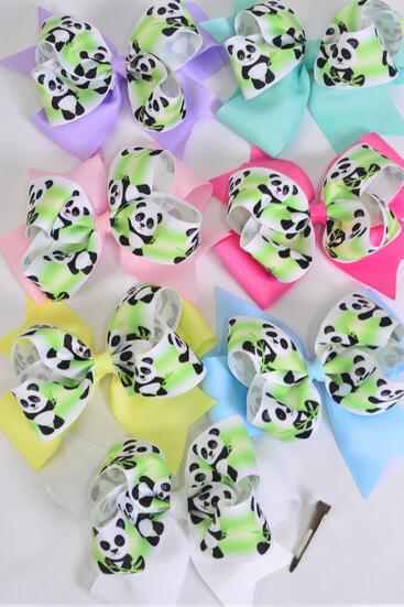 Hair Bow Jumbo Double Layered Grosgrain Bow-tie Pastel / 12 pcs Bow = Dozen Alligator Clip , Size - 6" x 5" , 2 White , 2 Baby Pink , 2 Lavender , 2 Hot Pink , 2 Mint Green , 1 Blue , 1 Yellow Color Mix , Clip Strip & UPC Code
