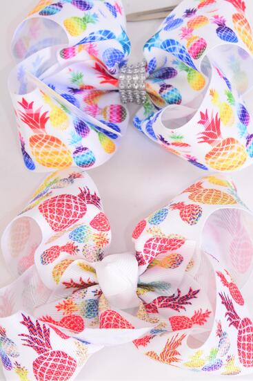 Hair Bow Jumbo Pineapple Mix Grosgrain Bow-tie / 12 pcs Bow = Dozen Pineapple , Alligator Clip , Size - 6" x 5" Wide , 6 of each Pattern Asst , Clip Strip and UPC Code