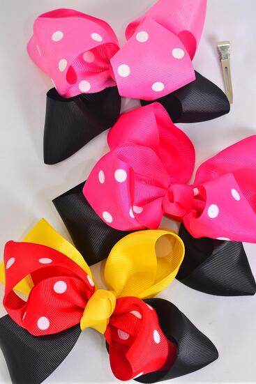 Hair Bow Jumbo Double Layered Polka Dot Grosgrain Bow-tie / 12 pcs Bow = Dozen  Alligator Clip , Size - 6" x 5" Wide , 2 Of each Pattern Asst , Clip Strip & UPC Code