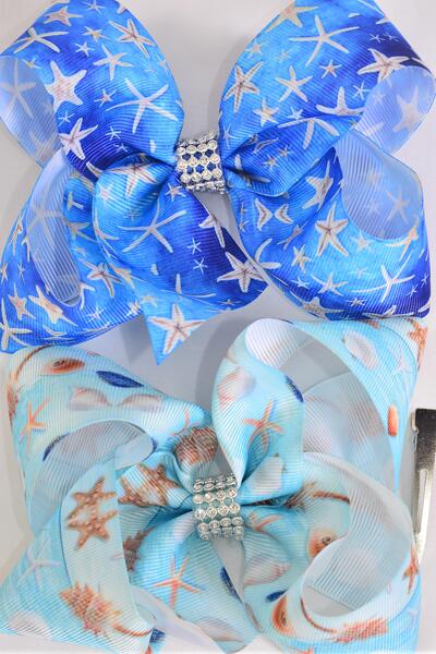 Hair Bow Jumbo Starfish Seashells Grosgrain Bow-tie /  12 pcs Bow = Dozen  Alligator Clip , Bow - 6" x 5" Wide , 6 of each Pattern Asst , Clip Strip & UPC Code
