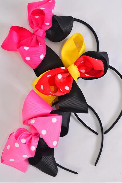 Headband Horseshoe Jumbo Double Layered Polka dot Grosgrain Bow-tie / 12 pcs = Dozen Bow Size - 6" x 5" Wide , 4 of each Color Asst , Hang Tag & OPP Bag & UPC Code , W Clear Box