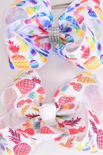 Hair Bow Jumbo Pineapple Mix Grosgrain Bow-tie / 12 pcs Bow = Dozen Pineapple , Alligator Clip , Size - 6" x 5" Wide , 6 of each Pattern Asst , Clip Strip and UPC Code
