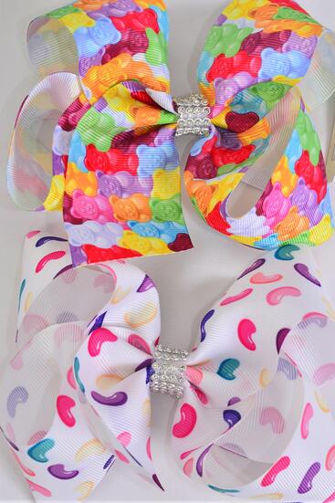 Hair Bow Jumbo Gummy Bear & Jelly Bean Candies  Mix Grosgrain Bow-tie / 12 pcs Bow = Dozen Alligator Clip , Size - 6" x 5" Wide , 6 Of Each Pattern Asst , Clip Strip & UPC Code