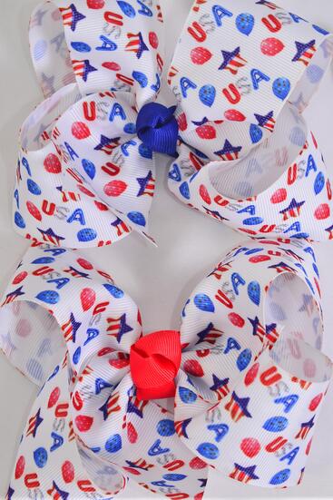 Hair Bow Jumbo Patriotic USA Grosgrain Bow-tie / 12 pcs Bow = Dozen Alligator Clip , Size - 6" x 5" Wide , 6 of each Pattern Asst , Clip Strip and UPC Code