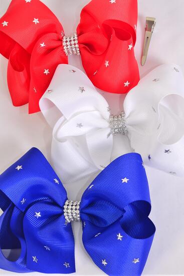 Hair Bow Jumbo Star Studded Patriotic Red White Royal Blue Mix Grosgrain Bow-tie / 12 pcs Bow = Dozen Alligator Clip , Size - 6" x 5" Wide , 4 of each Pattern Asst , Clip Strip & UPC Code