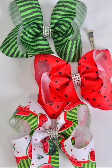 Hair Bow Jumbo Watermelon Grosgrain Bow-tie / 12 pcs Bow = Dozen Alligator Clip , Size - 6" x 5" Wide , 4 Of Each Pattern Asst , Clip Strip & UPC Code