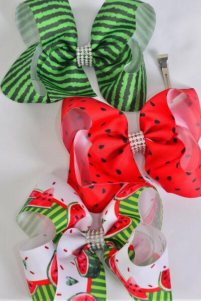 Hair Bow Jumbo Watermelon Grosgrain Bow-tie / 12 pcs Bow = Dozen Alligator Clip , Size - 6" x 5" Wide , 4 Of Each Pattern Asst , Clip Strip & UPC Code