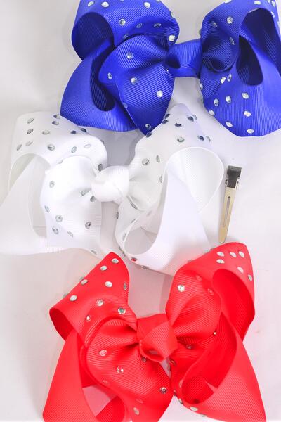 Hair Bow Jumbo Studded Clear Stone Grosgrain Bow-tie / 12 pcs Bow = Dozen    Alligator Clip , Size - 6" x 5" Wide , 4 of each Pattern Asst , Clip Strip & UPC Code