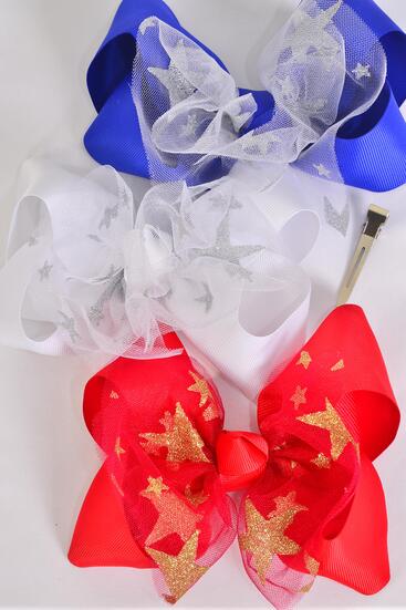Hair Bow Jumbo Mesh Metallic Star Mix Grosgrain Bow-tie / 12 pcs Bow = Dozen Alligator Clip , Size - 6" x 5" Wide , 4 of each Pattern Asst , Clip Strip & UPC Code