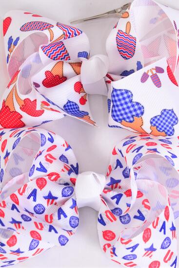 Hair Bow Jumbo Patriotic USA Ice Cream Popsicle Pattern Mix Grosgrain Bow-tie / 12 pcs Bow = Dozen Alligator Clip , Bow - 6" x 5" Wide , 6 of each Pattern Asst , Clip Strip & UPC Code
