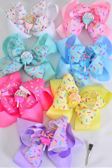 Hair Bow Jumbo Double Layered Sprinkles w Lollipop Charm Grosgrain Bow-tie Pastel / 12 pcs Bow = Dozen  Alligator Clip , Size - 6" x 5" , 2 White , 2 Baby Pink , 2 Lavender , 2 Hot Pink , 2 Mint Green , 1 Blue , 1 Yellow Color Mix , Clip Strip & UPC Code