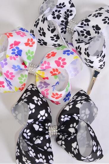 Hair Bow Jumbo Paw Print Grosgrain Bow-tie / 12 pcs Bow = Dozen Paw Print , lligator Clip , Bow - 6" x 5" Wide , 4 of each Pattern Asst , Clip Strip & UPC Code