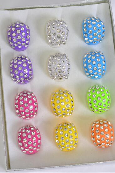 Rings Acrylic Dome Rhinestones Citrus / 12 pcs = Dozen  Citrus , Size - 7  8 9 Mix , 2 Fuchsia , 2 Purple , 2 Yellow , 2 Orange , 2 Lime , 1 Blue , 1 Pink Color Asst .