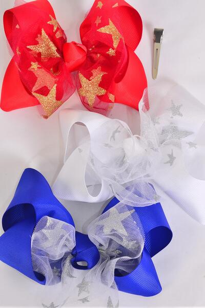 Hair Bow Jumbo Mesh Metallic Star Mix Grosgrain Bow-tie / 12 pcs Bow = Dozen Alligator Clip , Size - 6" x 5" Wide , 4 of each Pattern Asst , Clip Strip & UPC Code