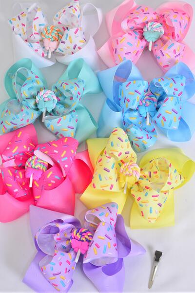 Hair Bow Jumbo Double Layered Sprinkles w Lollipop Charm Grosgrain Bow-tie Pastel / 12 pcs Bow = Dozen  Alligator Clip , Size - 6" x 5" , 2 White , 2 Baby Pink , 2 Lavender , 2 Hot Pink , 2 Mint Green , 1 Blue , 1 Yellow Color Mix , Clip Strip & UPC Code