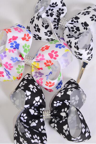 Hair Bow Jumbo Paw Print Grosgrain Bow-tie / 12 pcs Bow = Dozen Paw Print , lligator Clip , Bow - 6" x 5" Wide , 4 of each Pattern Asst , Clip Strip & UPC Code