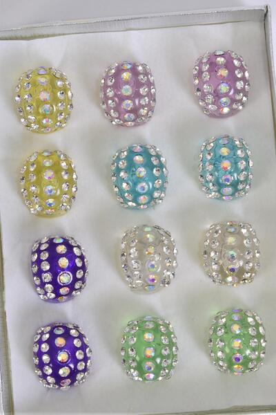 Rings Acrylic Dome Rhinestones / 12 pcs = Dozen Size - 7  8  9 Mix , Choose Colors , Velvet Ring Display Box & OPP Bag & UPC Code 