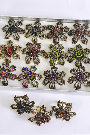 Rings Antique Flower Color Rhinestones Multi / 12 pcs = Dozen Adjustable , Flower Size - 1.25" Wide , 2 Multi , 2 Black , 2 Red , 2 Brown , 2 Purple , 1 Royal Blue , 1 Green Color Asst.